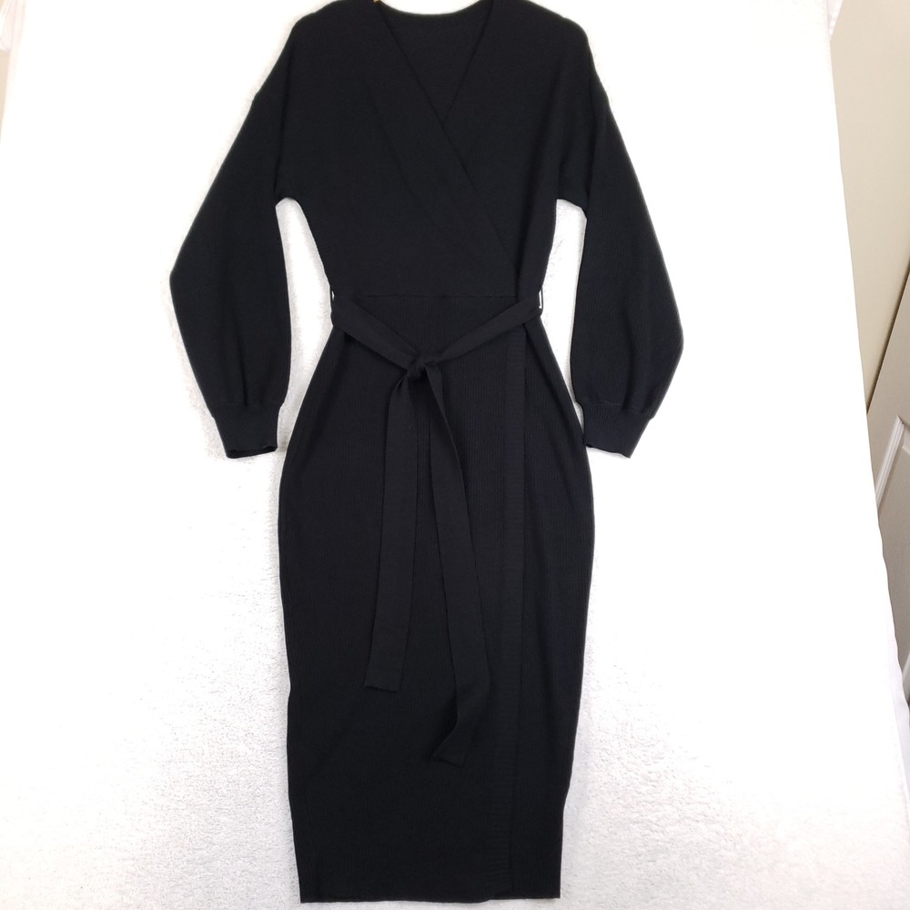Black Ribbed Knit Wrap Belted Sweater Midi Dress Balloon Sleeve Size L Bodycon